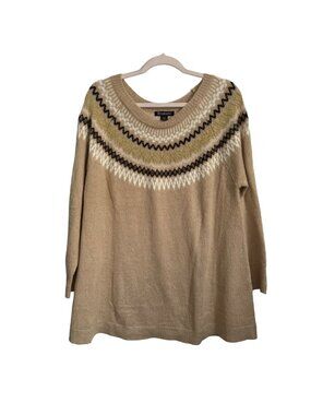 Roamans Womens Fair Isle Sweater Size 14/16W Beige with Geometric Pattern